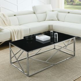 Modern Rectangular Coffee Accent Table with Black Tempered Glass Top and Stainless Steel Frame for Living Room Bedroom - Polished Chrome