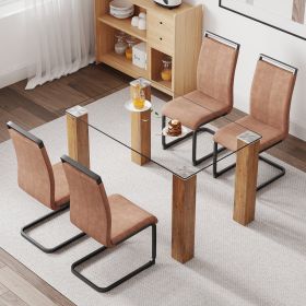 Table and chair set, 1 table and 4 chairs. A modern and minimalist rectangular dining table. Glass desktop and wood colar MDF table legs. Paired with