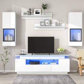 ON-TREND Stylish Functional TV stand, 5 Pieces Floating TV Stand Set, High Gloss Wall Mounted Entertainment Center with 16-color LED Light Strips for