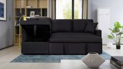 Paisley Black Linen Fabric Reversible Sleeper Sectional Sofa with Storage Chaise