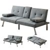 Linen Fabric Modern Sofa Bed Futon Couch Bed Folding Recliner Sleeper Reversible Loveseat Convertible Daybed, 2 Cup Holders, 3 Angles, Removable Armre