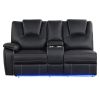 Modern Faux Leather Manual Reclining with Center Console with LED Light Strip,Living Room Furniture Set,PU Symmetrical Couch with 2 Cup Holders and St