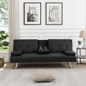 sofa bed with Armrest two holders WOOD FRAME, STAINLESS LEG, FUTON SOFA PVC (Color: Black)