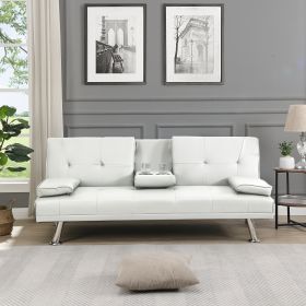 sofa bed with Armrest two holders WOOD FRAME, STAINLESS LEG, FUTON SOFA PVC (Color: White)