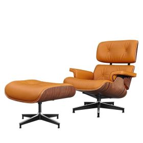 Large Version Genuine Leather Lounge Chair Club Seat Armchair Ottoman 8 Layer Plywood Frame Living Room Furniture (Model: Pro Orange Walnut -XL)