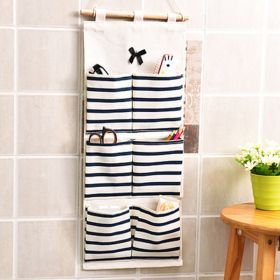 Cotton And Linen Fabric Storage Wall-mounted Storage Bag (Option: Six Pocket Blue)