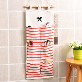 Cotton And Linen Fabric Storage Wall-mounted Storage Bag (Option: Six Pocket Pink)